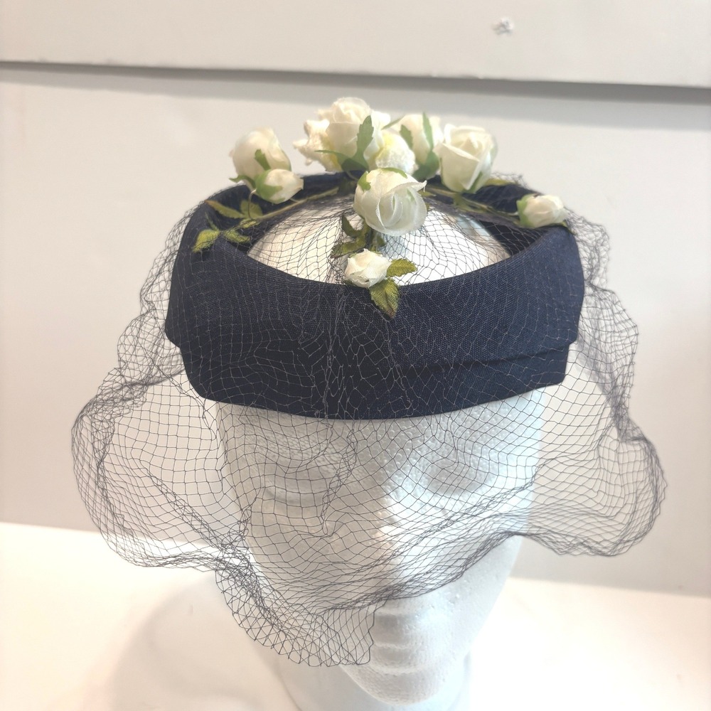 Vintage Navy Blue Pillbox Hat with White Roses and Birdcage Veil Fascinator
